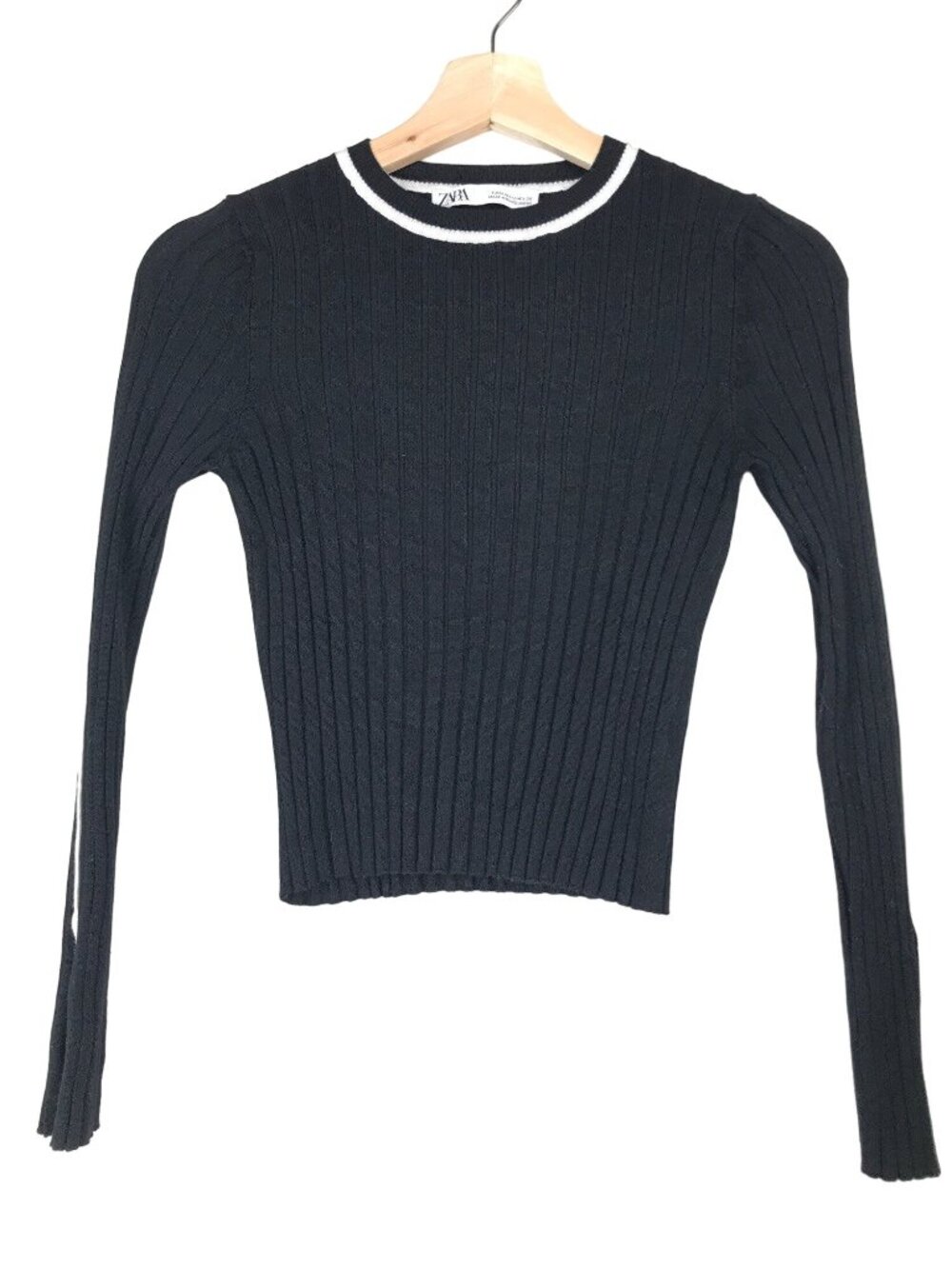 Zara Black Ribbed Knit Cropped Long-Sleeve Sweater Top Size Medium